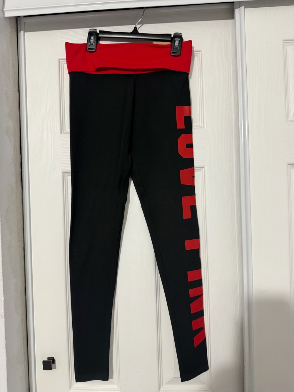 Kids Black Leggings with Red Fold-Over Waistband